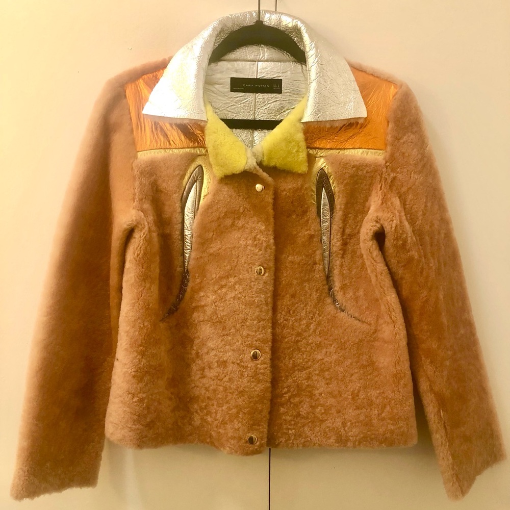 ZARA WOMAN reversible faux fur and metallic silver jacket size S